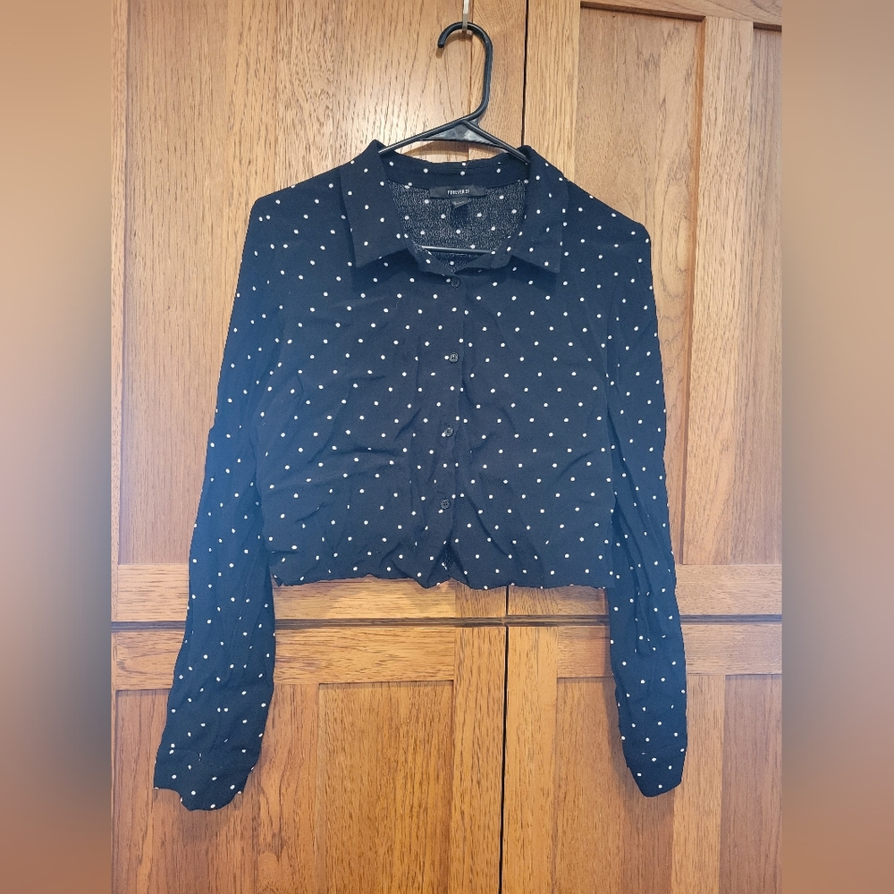 Forever21 long sleeve Polka Dot women's crop top Blouse. Size L